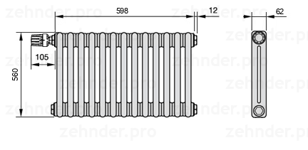 Схема (чертеж) Радиатор Zehnder Charleston 2056/13 №V011 Белый глянцевый RAL 9016